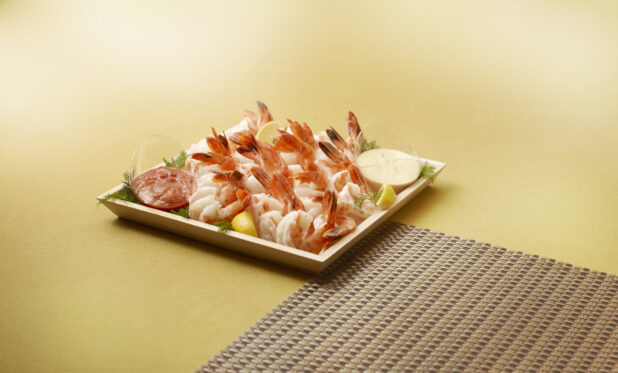 wood catering tray of cocktail shrimp with side of tartar and cocktail sauce