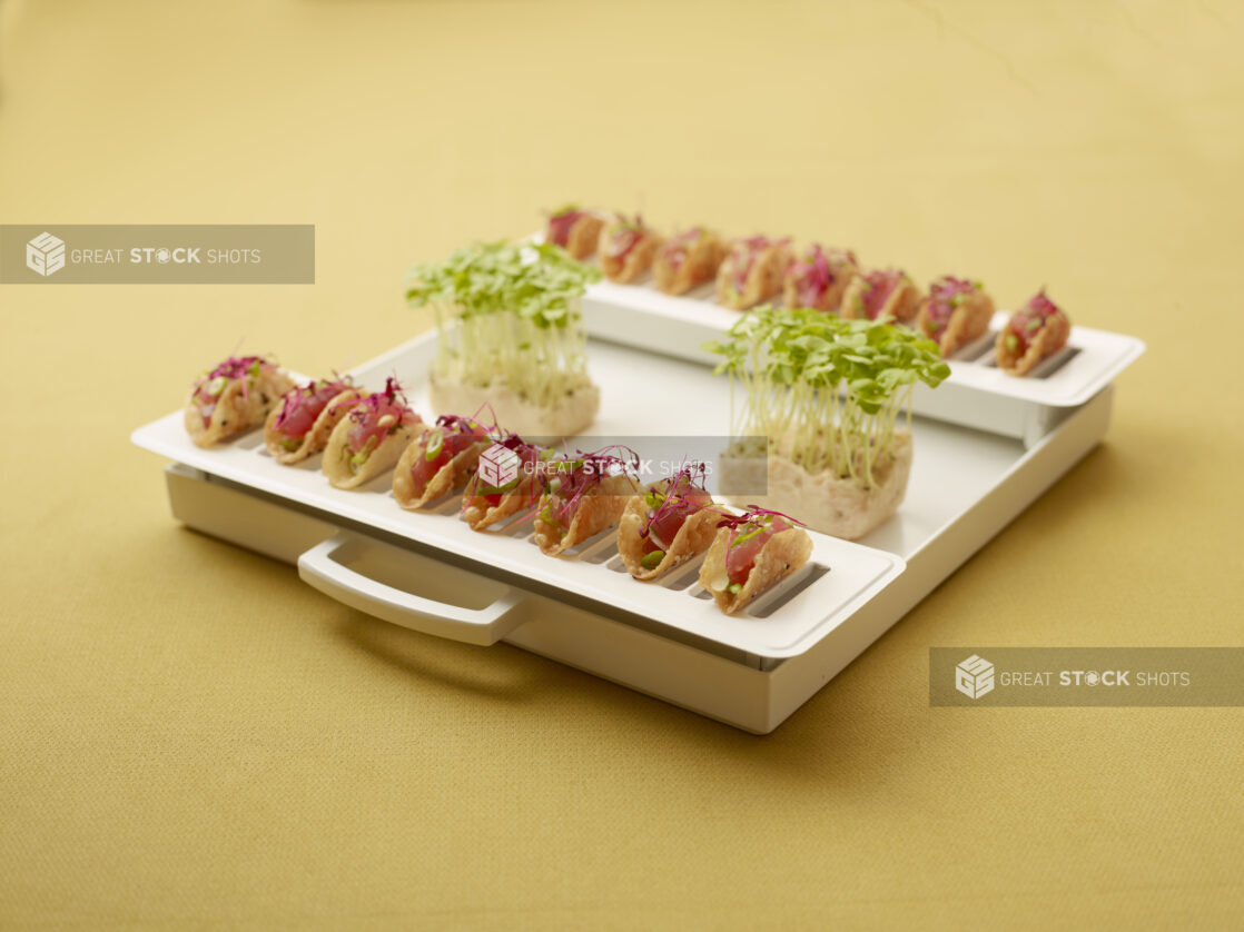 Mini tuna belly taco platter with microgreens