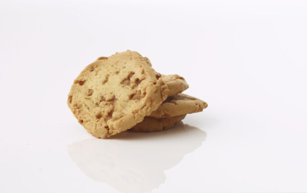 Chocolate chip cookies in a pile on white background