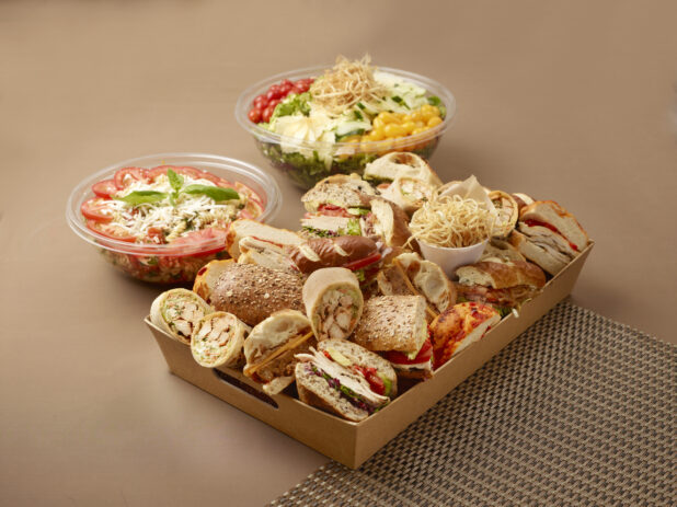 Lunch Drop-Off Catering Package with Tray of Cold Sandwiches and Wraps, Pasta Salad and Garden Salad in Take-Out Containers