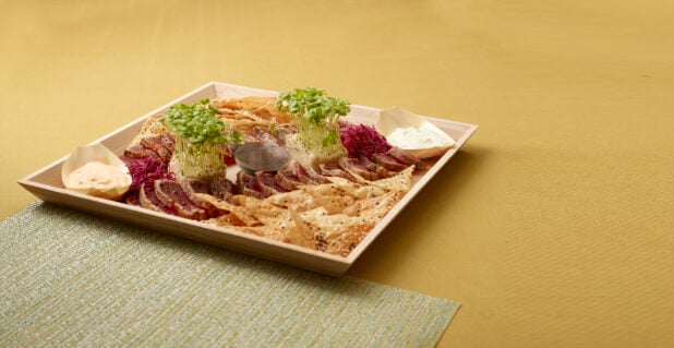Wood Tray Platter of Seared Sesame-Crusted Tuna Tataki with Sesame Chips and Creamy Dips for Catering