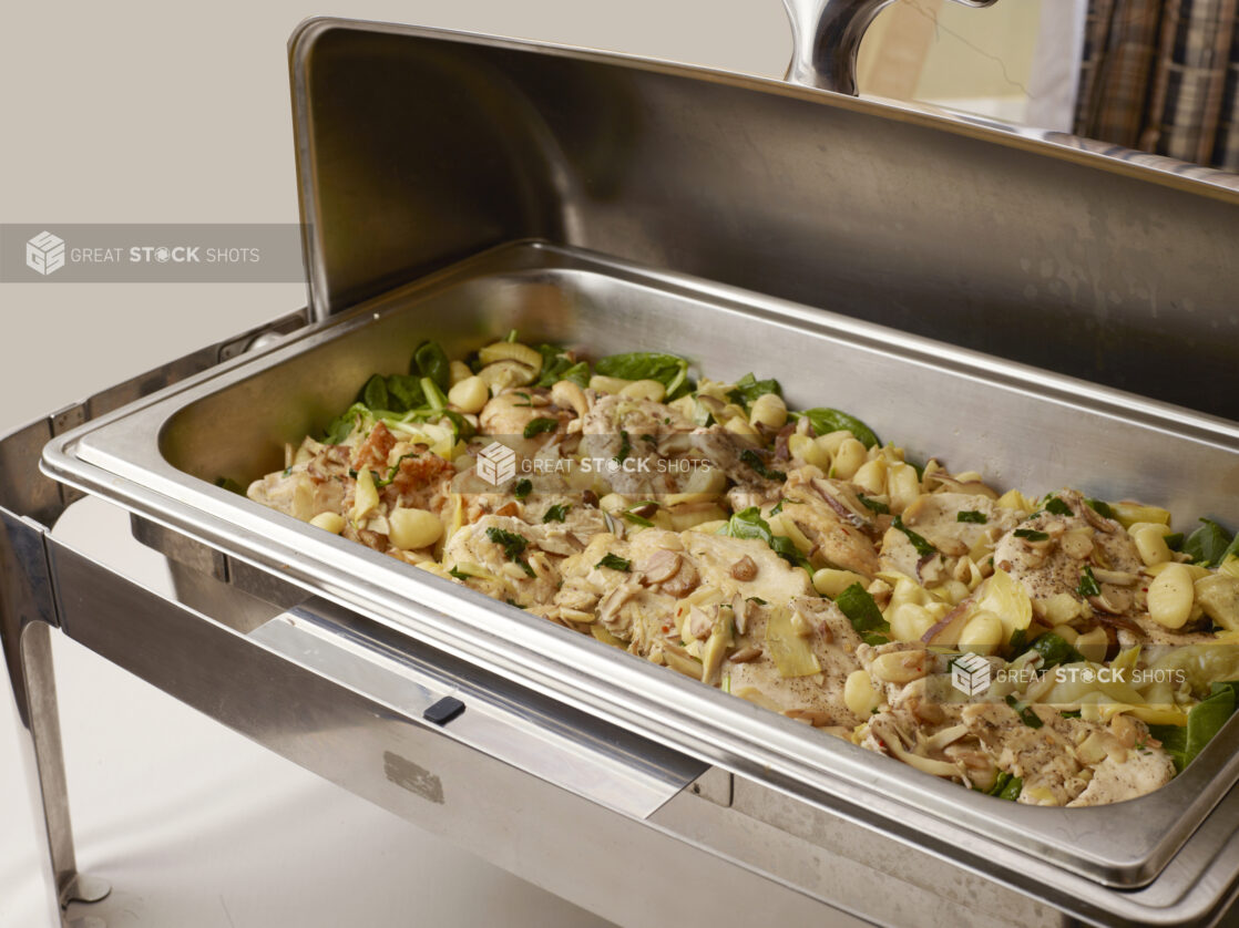 Stainless Steel Chafing Tray with a Portobello Mushroom, Spinach, Chicken and Gnocchi Entrée for Banquets, Buffets and Full Service Catering - Variation