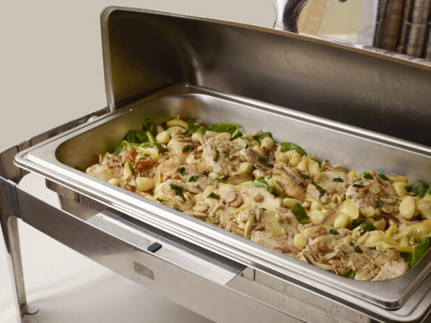 Stainless Steel Chafing Tray with a Portobello Mushroom, Spinach, Chicken and Gnocchi Entrée for Banquets, Buffets and Full Service Catering - Variation