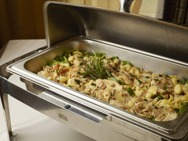 Stainless Steel Chafing Tray with a Portobello Mushroom, Spinach, Chicken and Gnocchi Entrée for Banquets, Buffets and Full Service Catering