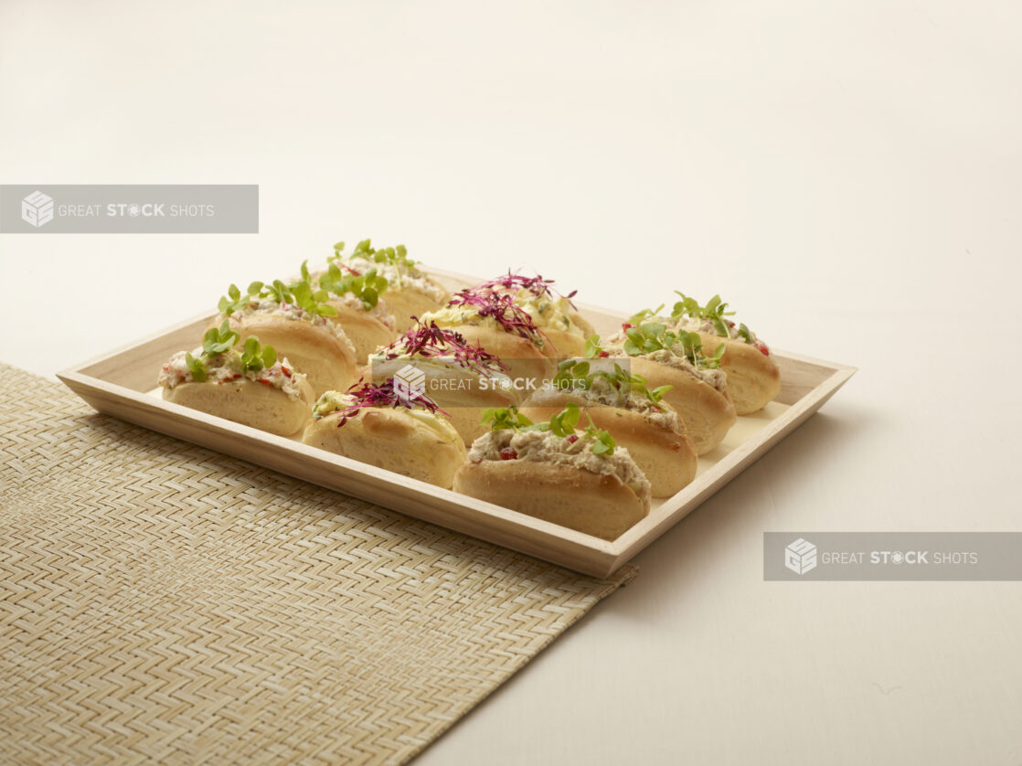 Wood Tray Platter of Assorted Mini Butter Roll Sandwiches, Tuna Salad, Egg Salad, Lobster - for Catering