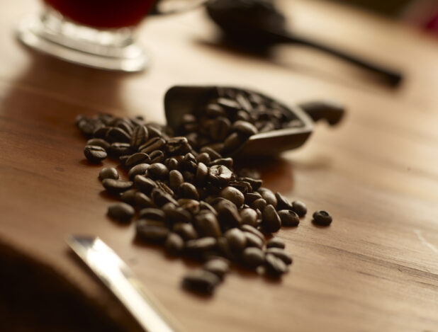 Close Up of Whole Roasted Coffee Beans Spilling Out from a Wooden Scoop on a Wooden Surface with a Glass Mug of Coffee and Ground Coffee in an Indoor Setting
