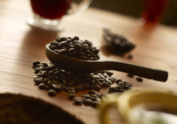 Close Up of Whole Roasted Coffee Beans In and Under a Wooden Spoon on a Wooden Surface with a Glass Mug of Coffee and Ground Coffee in an Indoor Setting