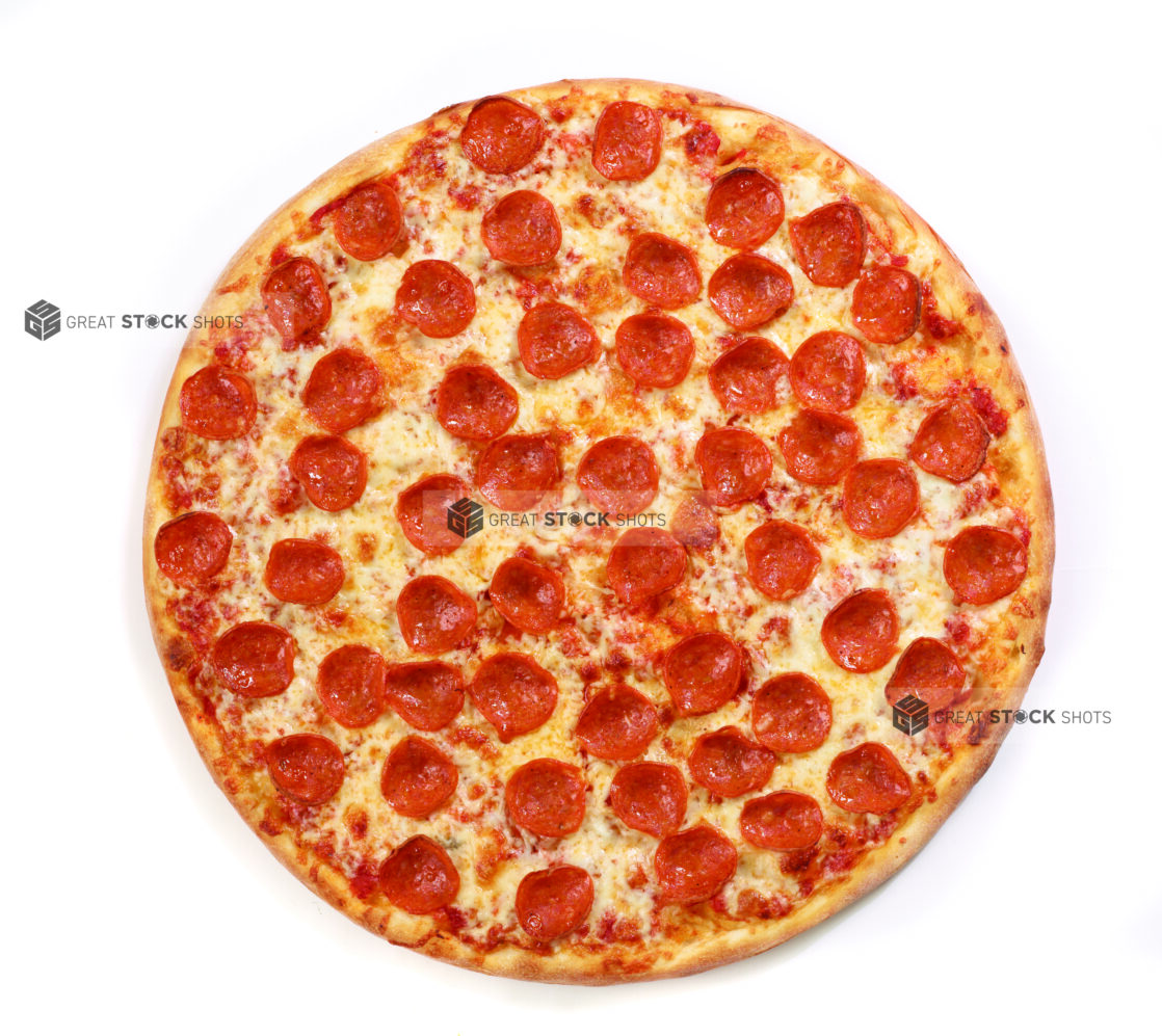 Overhead View of a Whole Pepperoni Pizza on White for Isolation