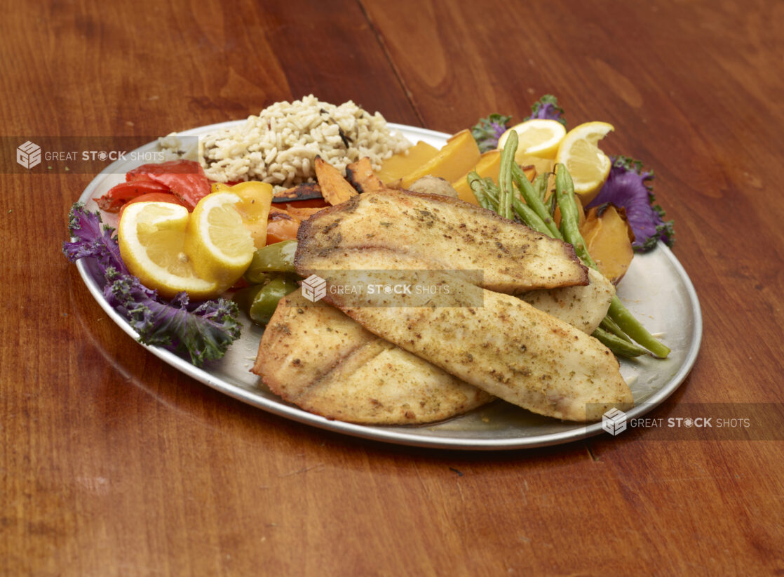 Fried Fish Dinner Platter with Rice and Roast Veggies