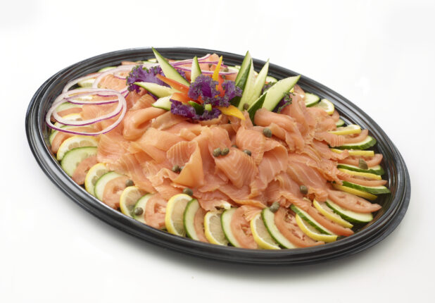 Sliced Smoked Salmon Catering Platter with Sliced Vegetables