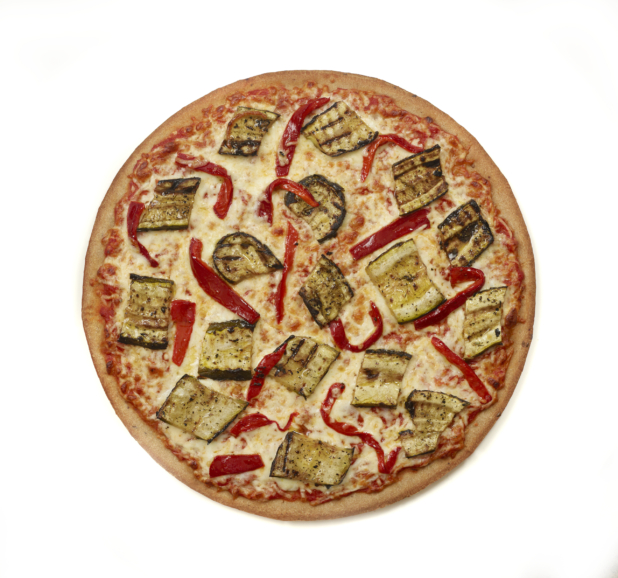 Whole unsliced grilled zucchini and roasted red pepper pizza isolated on a white background, overhead view