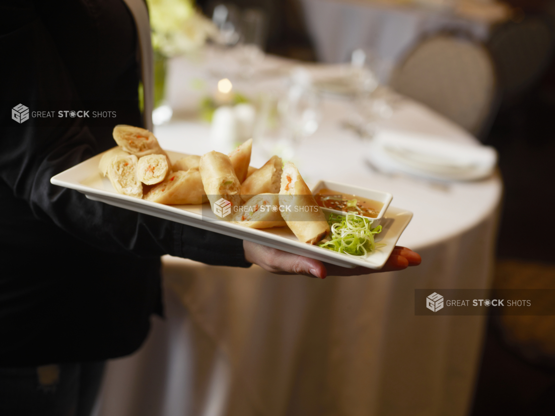 Hand holding a small platter of halved spring rolls, green onion garnish and dipping sauce, catered event setting