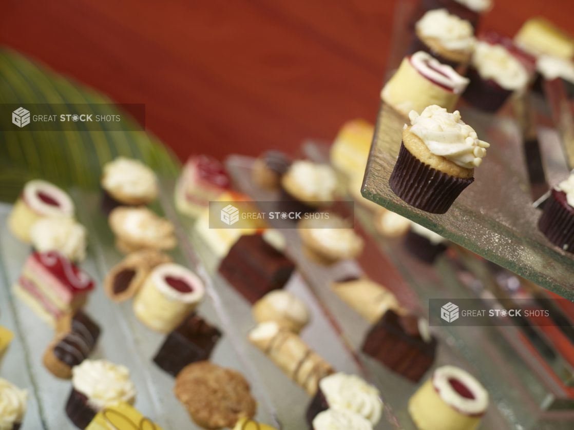 Miniatures Desserts, Cupcakes and Pastries Displayed on Glass Tiers in an Indoor Setting