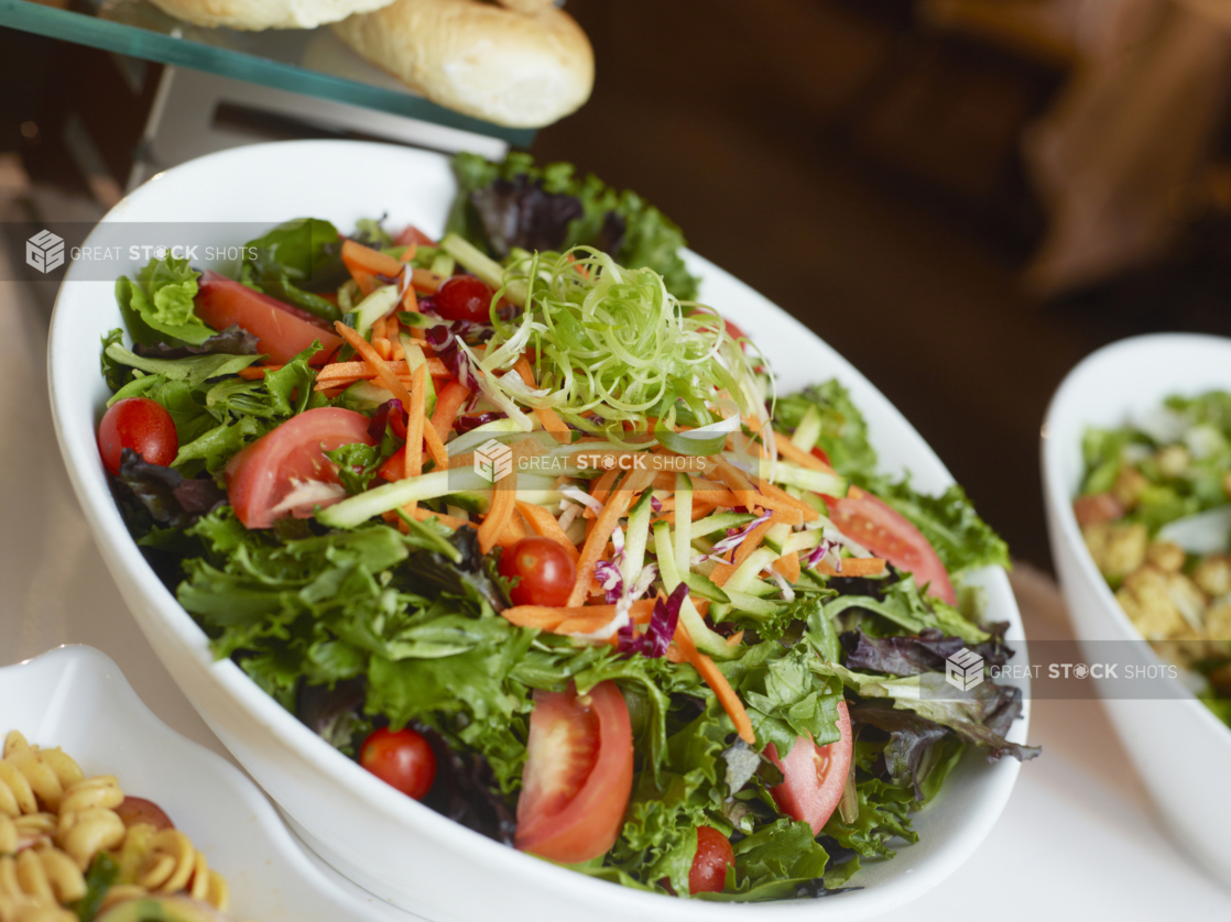 Fresh leaf lettuce salad with tomato wedges, cherry tomatoes, and julienned carrots and cucumber and topped with finely shredded green onion