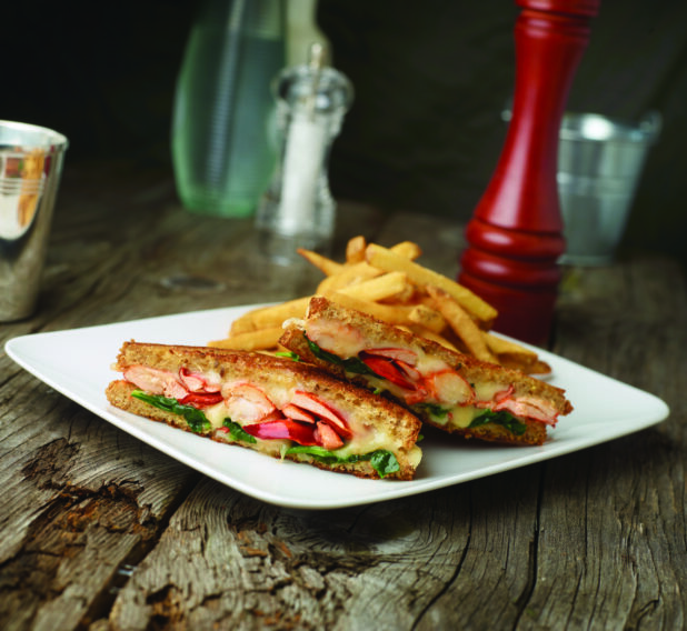 A Square White Plate with a Lobster, Spinach and Melted Cheese Grilled Sandwich with a Side of French Fries on an Aged Wood Table in an Indoor Setting - Variation