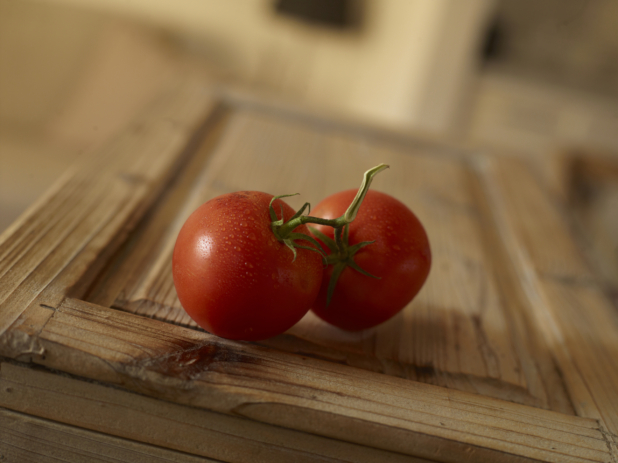 Cluster of two vine tomatoes on a rustic wood surface