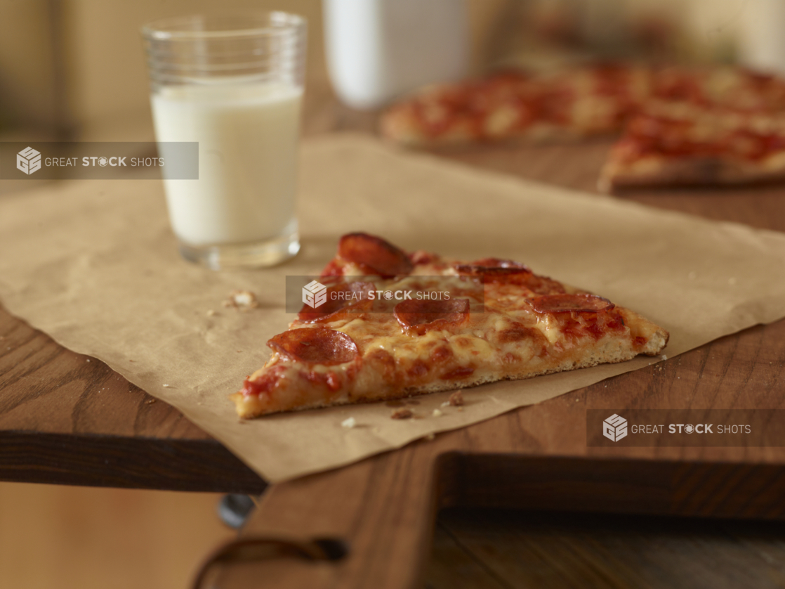 Slice of pepperoni pizza on brown parchment with a glass of milk