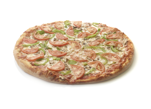 Whole Deluxe Vegetarian Pizza with Sliced Tomatoes, Green Peppers and Mushrooms Isolated on a White Background