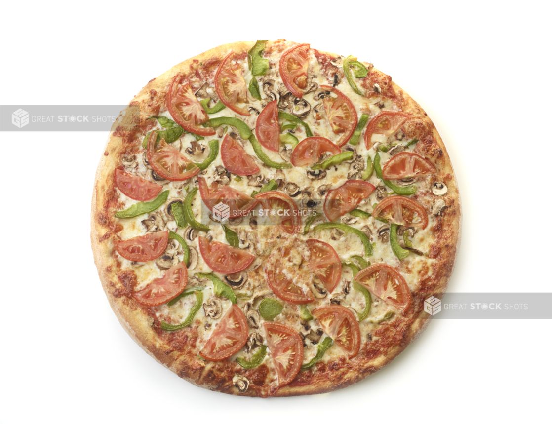 Overhead View of a Whole Deluxe Vegetarian Pizza with Sliced Tomatoes, Green Peppers and Mushrooms Isolated on a White Background