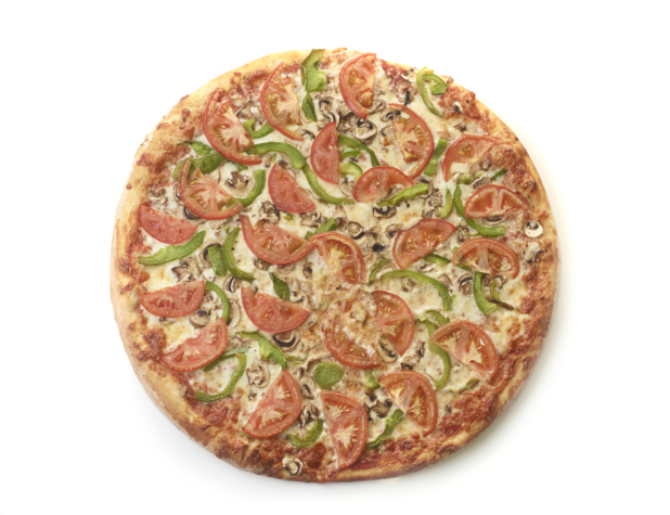 Overhead View of a Whole Deluxe Vegetarian Pizza with Sliced Tomatoes, Green Peppers and Mushrooms Isolated on a White Background