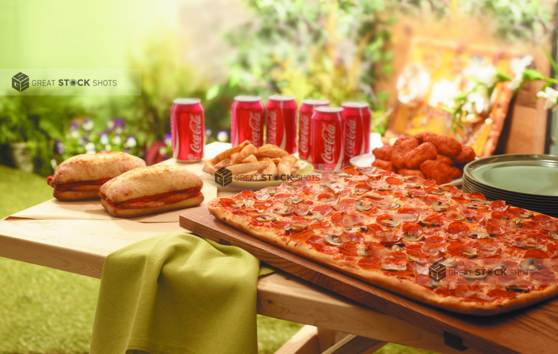 A Pizza Party with a Large Sicilian Pizza, Boneless Wings, Potato Wedges, Italian Sandwiches and a 6-Pack of Coca-Cola Cans on a Picnic Table in an Outdoor Garden Setting