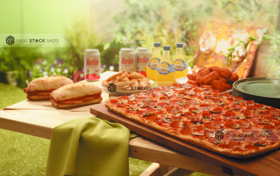 A Pizza Party with a Large Sicilian Pizza, Boneless Wings, Potato Wedges, Italian Sandwiches and Cold Drinks on a Picnic Table in an Outdoor Garden Setting