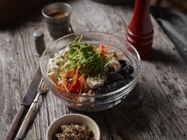Glass Bowl with Pea Shoots, Julienne Carrots, Grilled Chicken, Tofu and Berries on an Aged Wooden Surface with a Cup of Dressing and Quinoa
