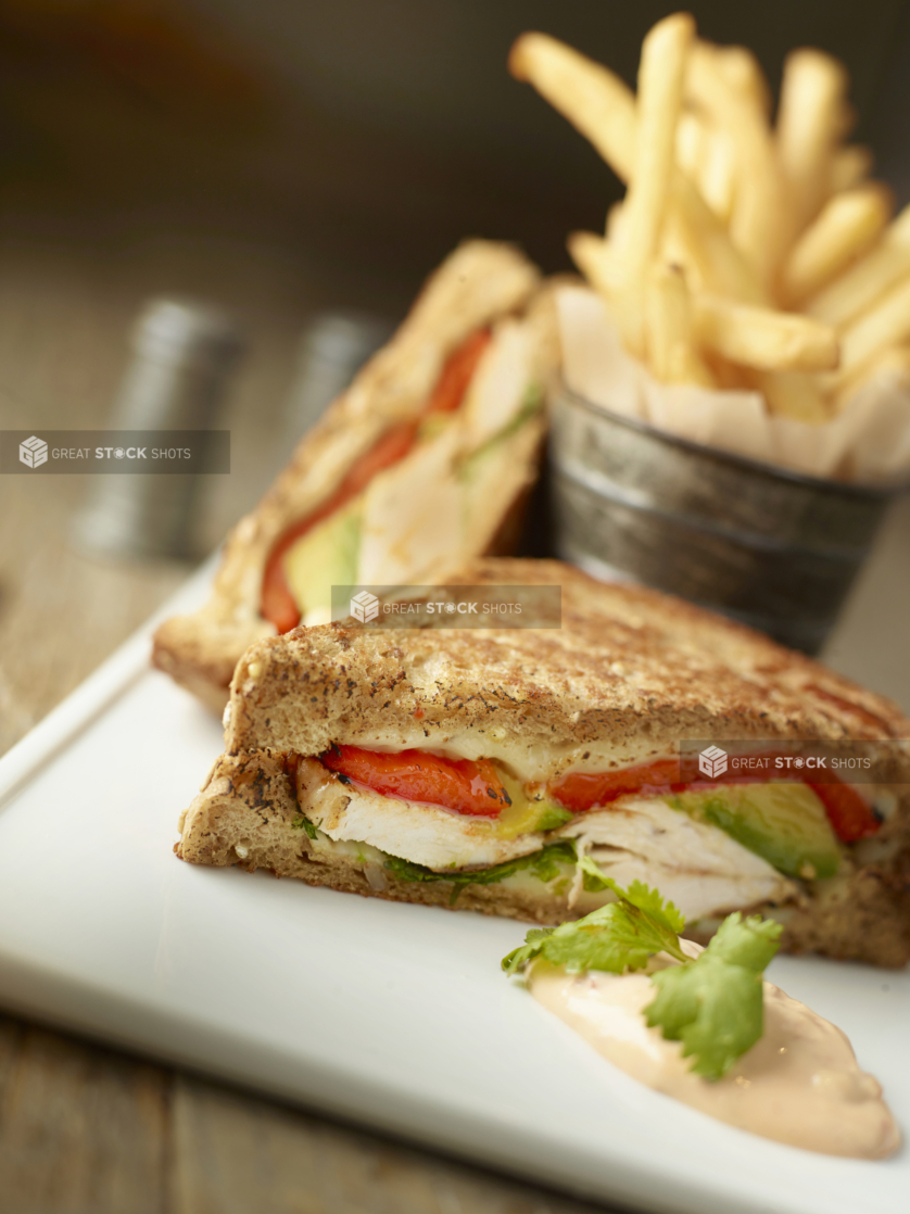 Close Up of a Grilled Chicken and Avocado Cheese Melt Sandwich on a Square White Plate with a Side of French Fries on an Aged Wood Table in an Indoor Setting