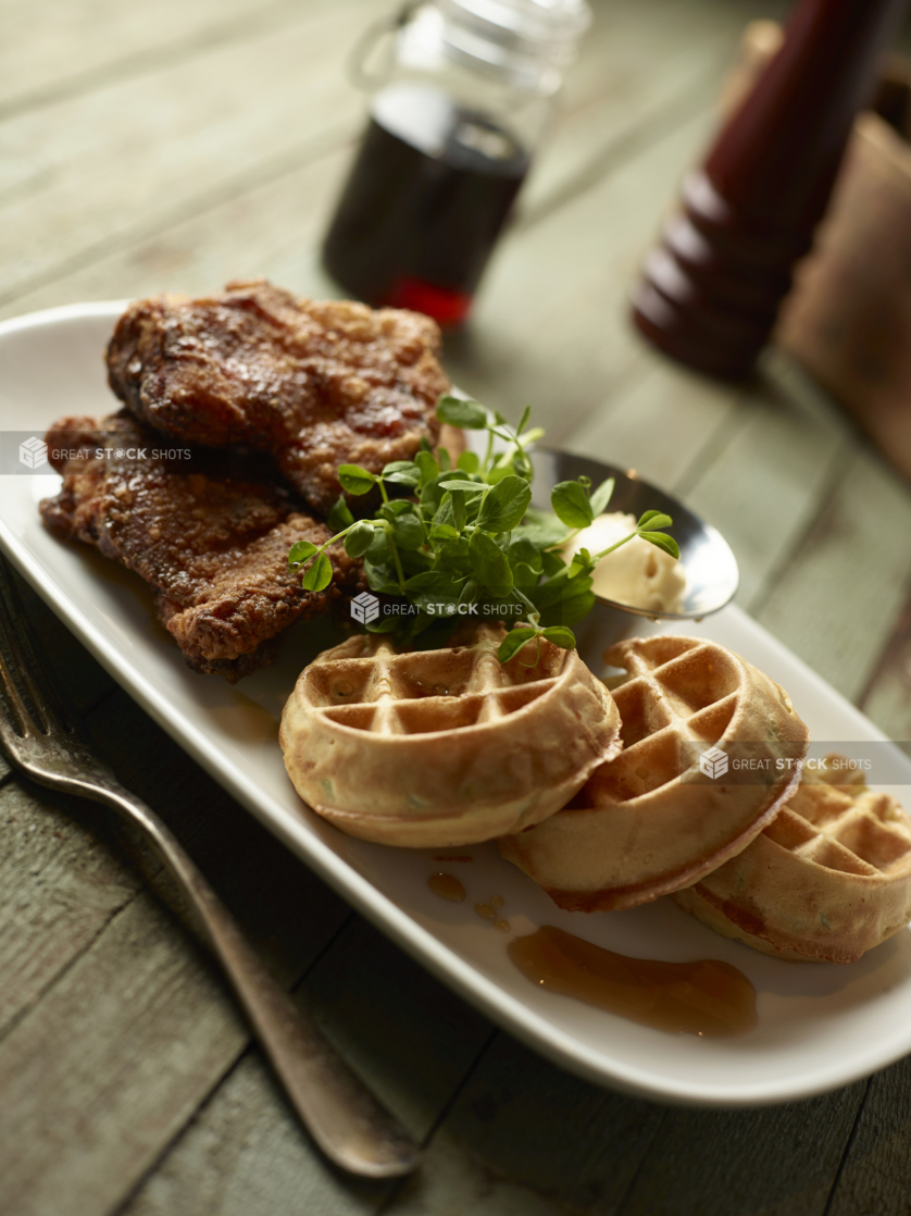 Mini Waffles and Fried Chicken Tenders on a Rounded White Platter Dish with Maple Syrup on a Weathered Wooden Surface