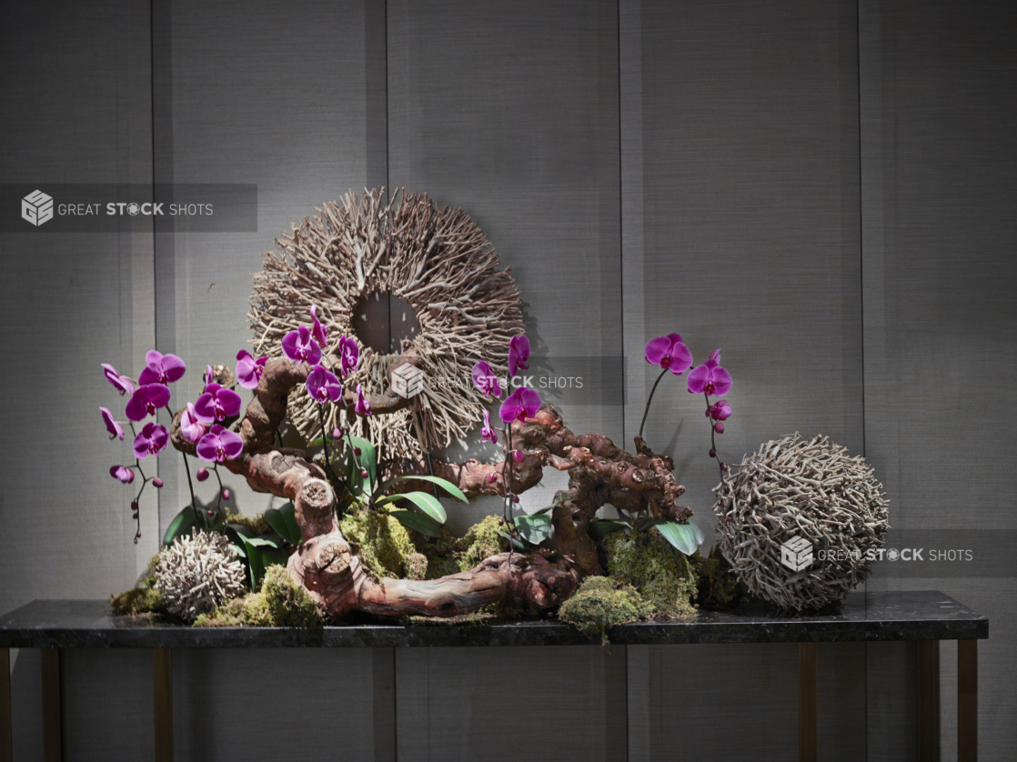 A Large Foyer Floral Arrangement of Magenta Moth Orchids, Moss and Dried Branches in a Formal Indoor Setting