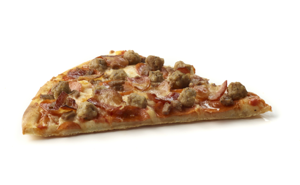 Side View of a Jumbo Meat Lover's Pizza Slice with Pepperoni, Bacon and Italian Sausage Shot on White for Isolation