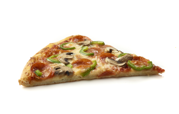 Side View of a Jumbo Deluxe Pizza Slice with Pepperoni, Green Peppers and Mushrooms Shot on White for Isolation
