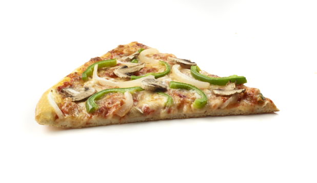 Side View of a Jumbo Vegetarian Pizza Slice with Green Peppers, White Onions and Mushrooms Shot on White for Isolation