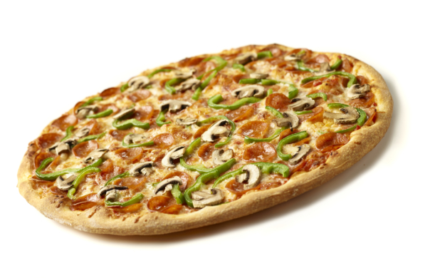 Tilted Angle View of a Whole Jumbo Deluxe Pizza with Pepperoni, Green Peppers and Mushrooms Shot on White for Isolation