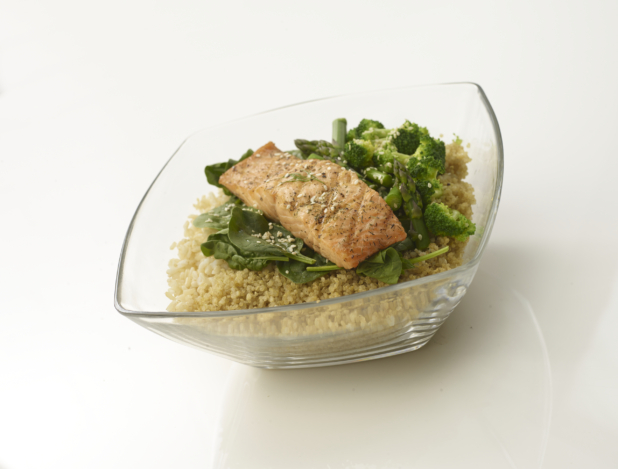 Couscous bowl with poached salmon, brocolli, asparagus and spinach