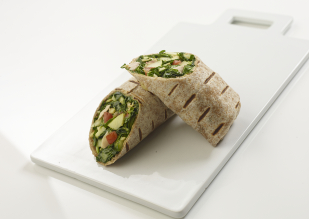 Green salad and chicken sandwich wrap on a white platter, white background