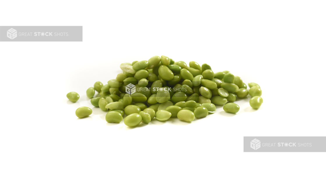 Shelled edamame beans on a white background