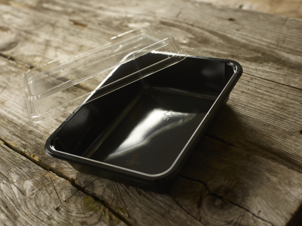 Rectangular Plastic Take-Out Container with Clear Lid and Black Base on Aged Wooden Table – Open Lid