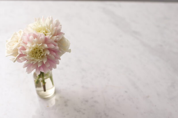 White and pink flowers in a small clear glass vase left of centre on a white marble background
