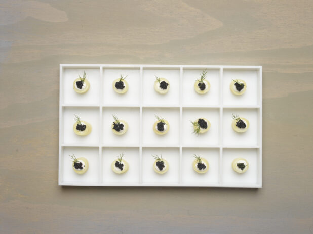 Overhead View of a Sectioned Platter Tray with Black Caviar Canapés with Crème Fraiche and Dill Garnish on a Painted Wood Surface