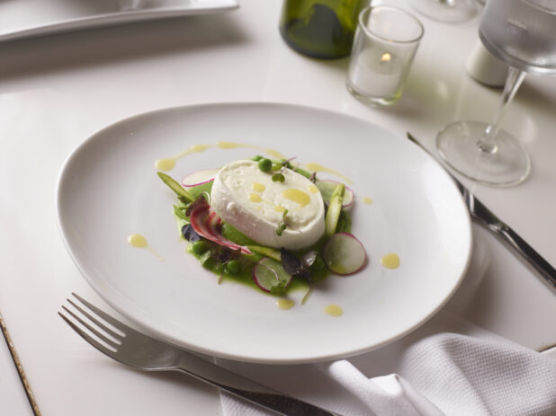 Buffalo mozzarella salad with mixed green, radish, candy-striped radish, fresh peas and an olive oil drizzle in an elegant setting