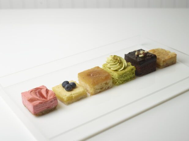 6 petit four, mini dessert cakes in a white rectangular acrylic box on a white background on a 45 degree angle