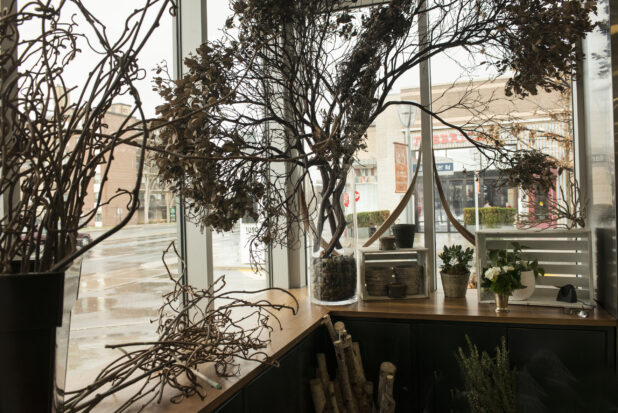 Dried branches and other floral arrangement accessories in a window setting