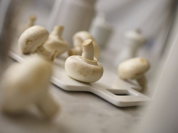 Whole fresh white mushrooms on a white cutting board surrounded by white mushrooms in the foreground and background on a white marble background