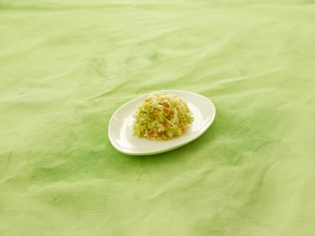 Coleslaw on a small round white plate on a lemon/lime green tablecloth