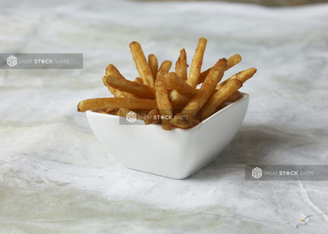 French fries, coated french fries, seasoned french fries in a white square bowl