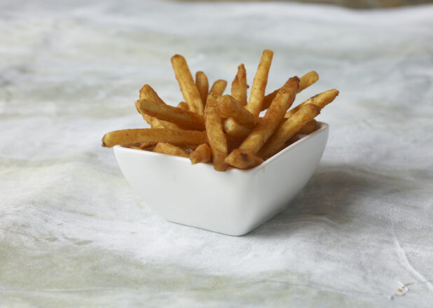 French fries, coated french fries, seasoned french fries in a white square bowl