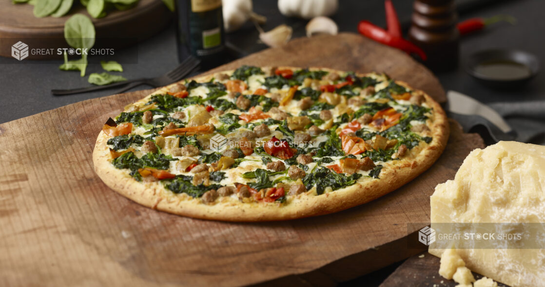 3 topping pizza on a wooden cutting board with a block of parmesan cheese, fresh basil, fork, pepper mill, garlic in the background on a black background