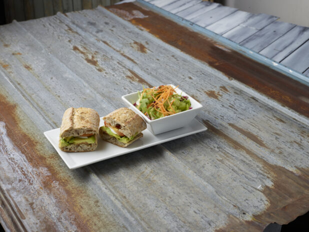 Veggie sandwich with avocado, tomato, and onion on a rectangular white plate with a white square bowl of green salad on the side, corrugated metal background