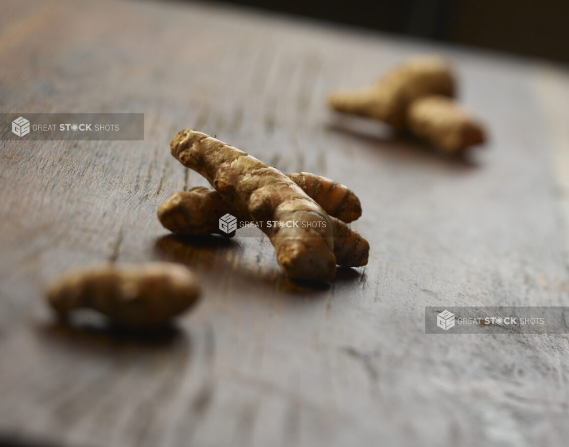 Fresh turmeric tubers on a dark wood backround, close-up